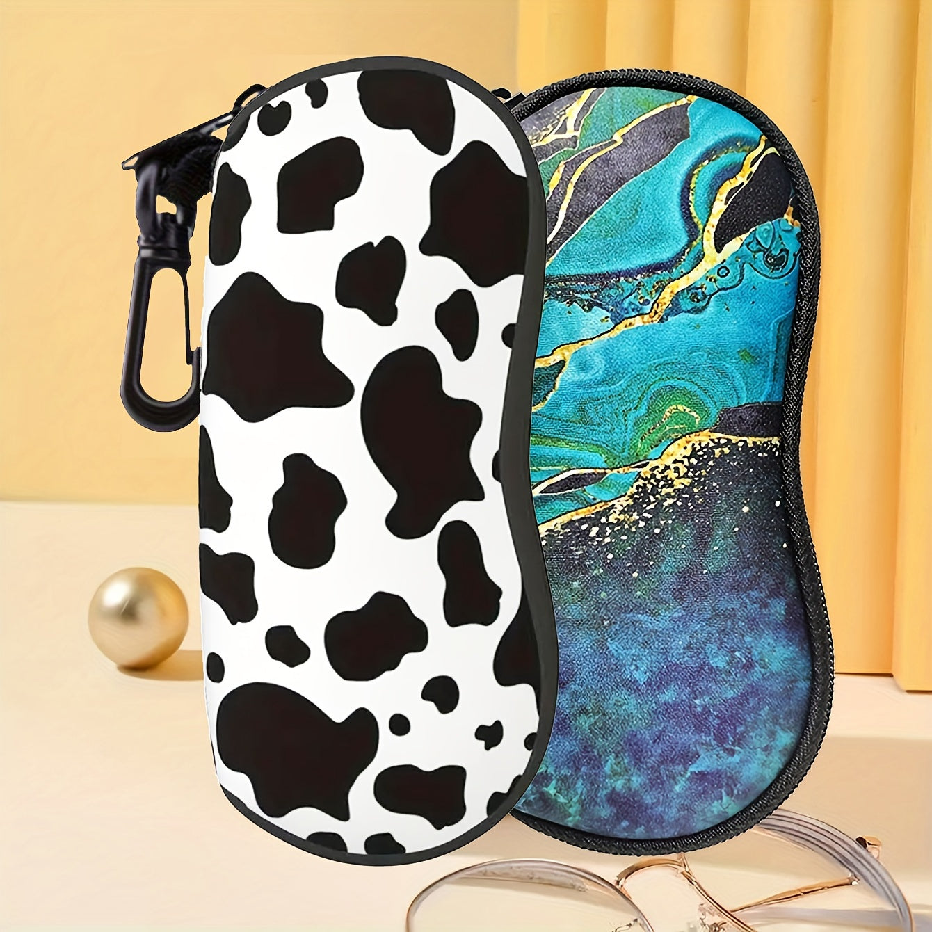 Cow Print and Green Neoprene Glasses Case Water-Resistant Durable with Zipper and Clip