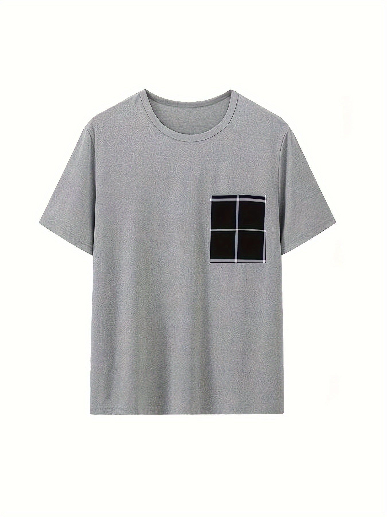 Men's Polyester Pajama Set with Gray Short Sleeve Tee and Checkered Long Pants