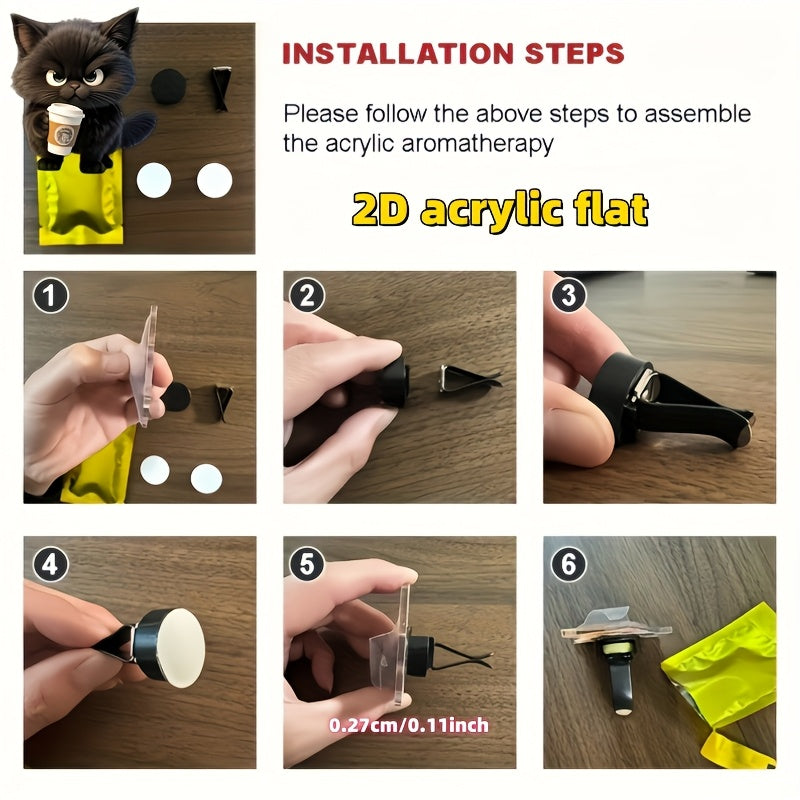 Qora Mushuk Avtomobil Havo Tozalash Vositasi Akril Vent Klipi, 2D Tekis Dizayn, Aromatizatsiyalangan