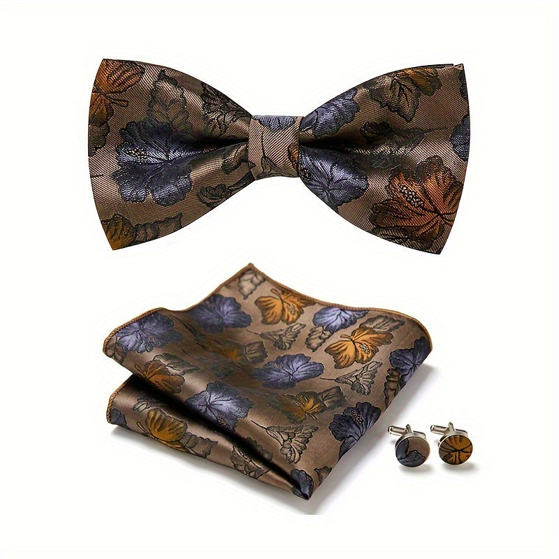 Men's Blue Polyester Tie and Pocket Square Set Floral Pattern for Formal Events