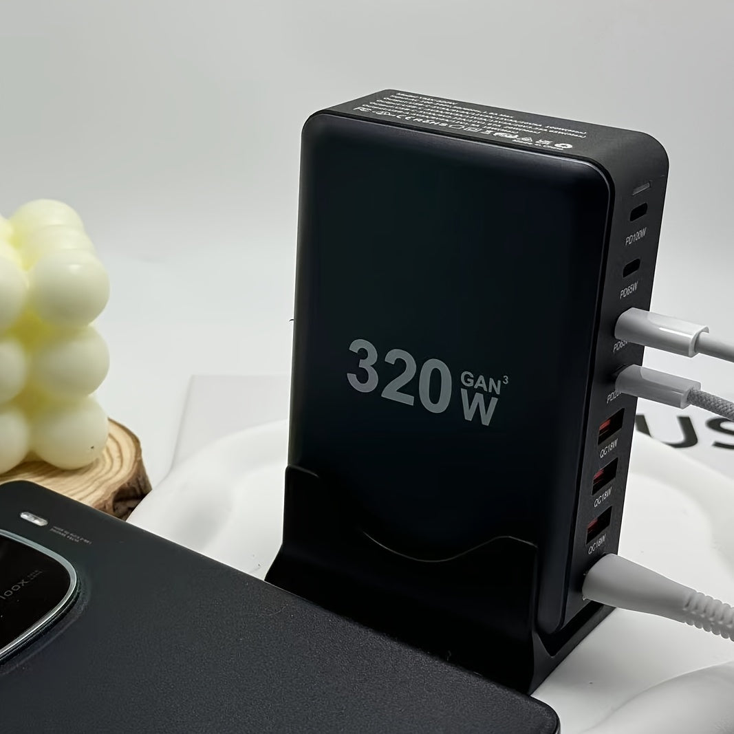 320W GaN III USB-C Charger with 8 Ports Fast Charging for MacBook iPad Samsung European Plug