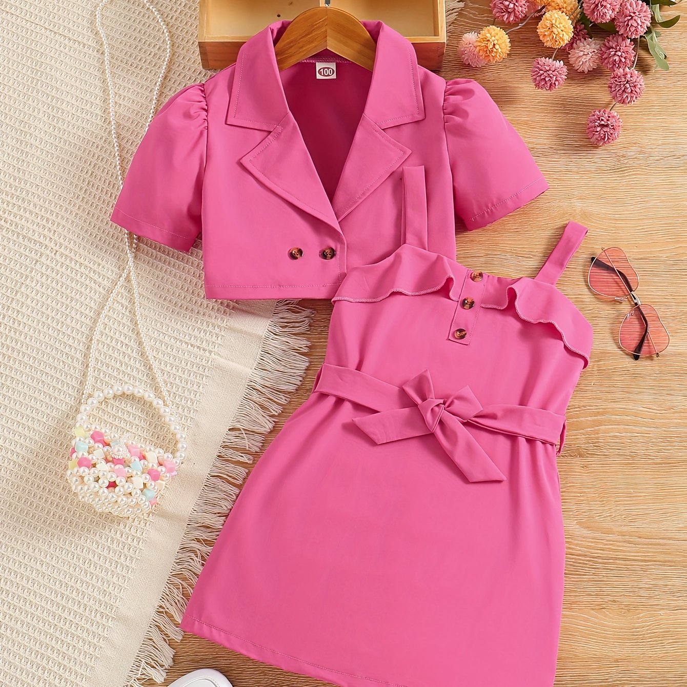 Girls Summer Outfit Light Pink Short Sleeve Blazer and Sundress Set for Kids