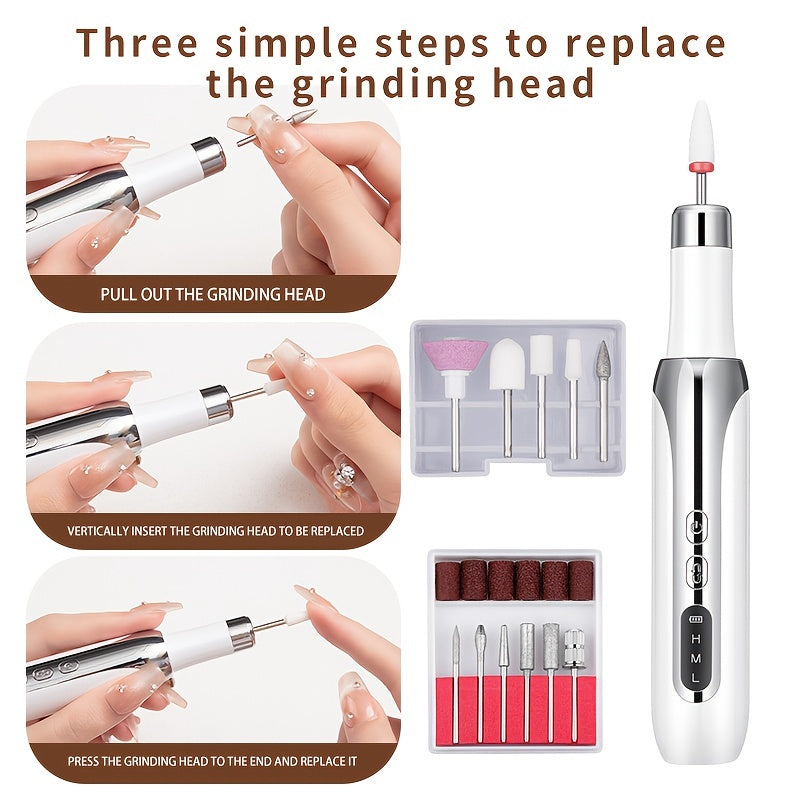 Electric Nail Drill Kit with 12 Grinding Heads USB Rechargeable 3-Speed Dual-Direction Manicure Pedicure Dead Skin Removal