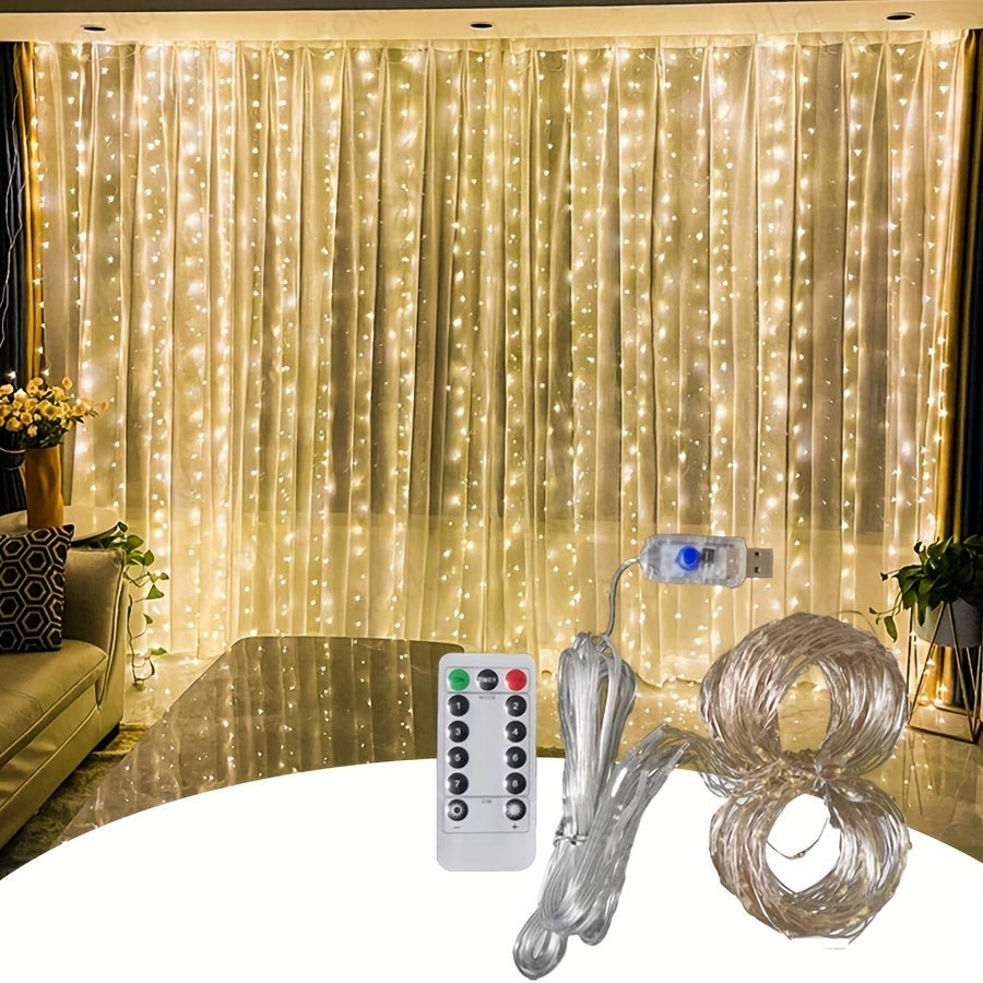 600 LED Fairy Curtain String Lights 5.97m USB Remote Control Yellow Garland for Home Decor
