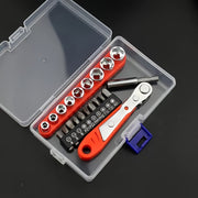 Manual Tool Kit with 36 Teeth Mini Gear Wrench and Socket for Narrow Spaces Red