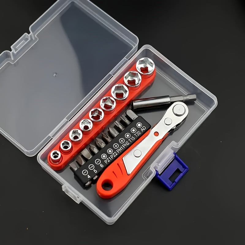 Manual Tool Kit with 36 Teeth Mini Gear Wrench and Socket for Narrow Spaces Red