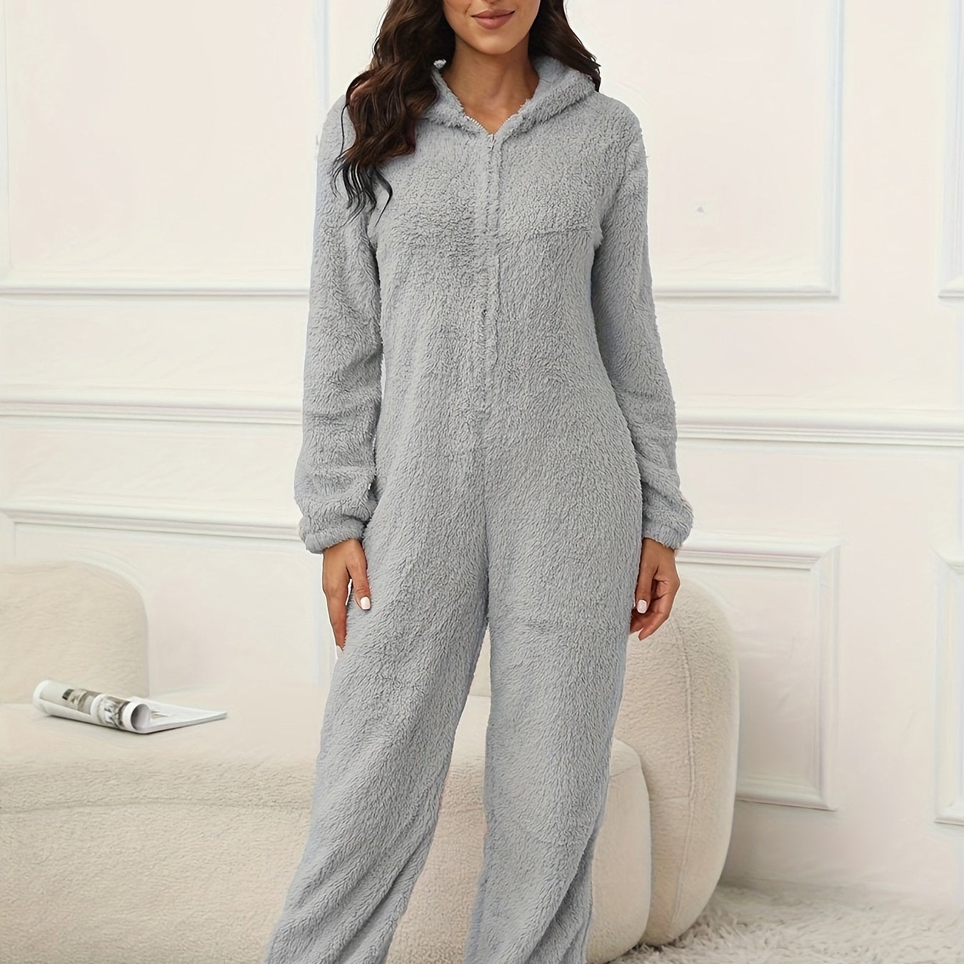Women's Fuzzy Hooded Lounge Jumpsuit with Zipper Long Sleeve Fall Winter Casual