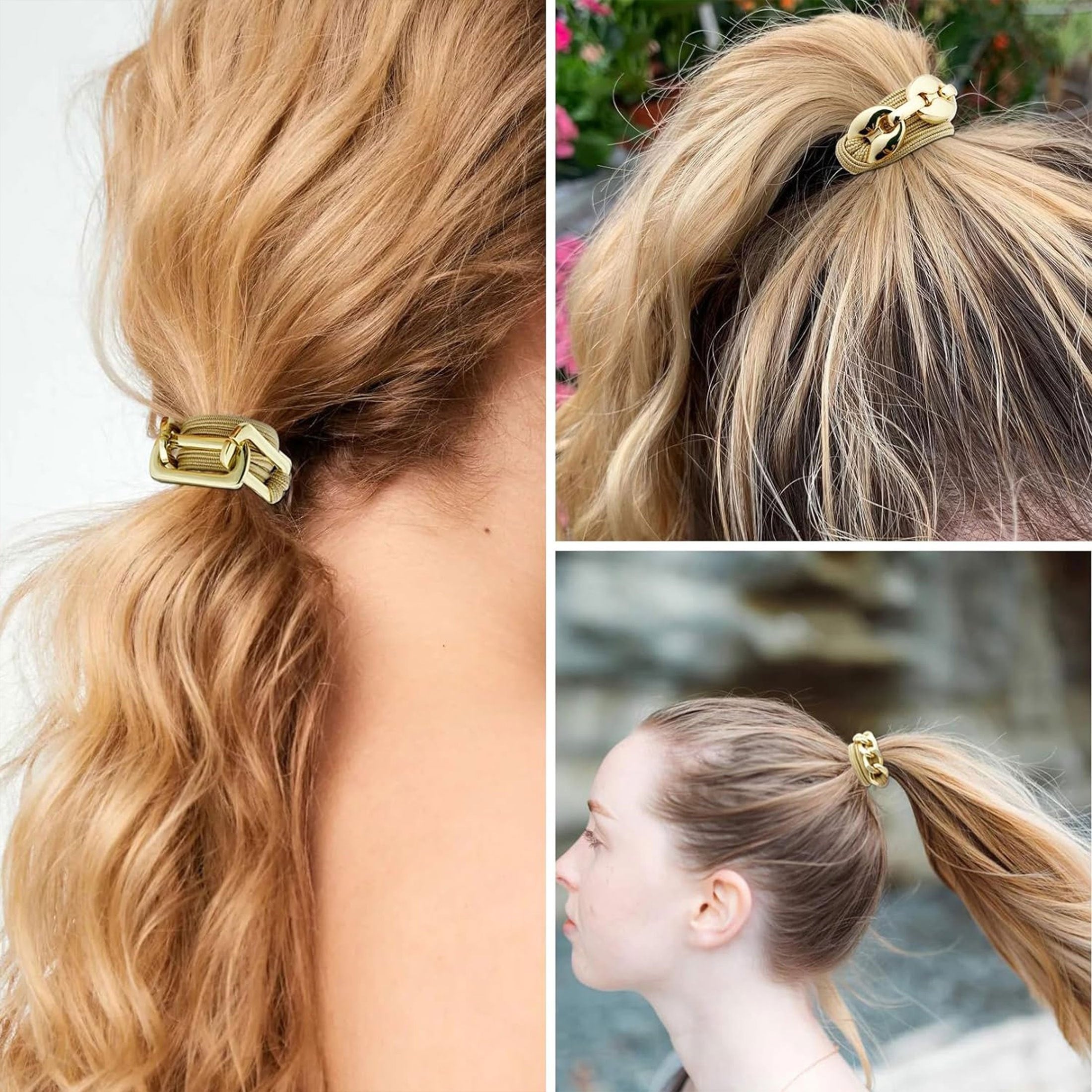 Set of 3 Gold Hair Ties Elastic Ponytail Holders for Women and Girls