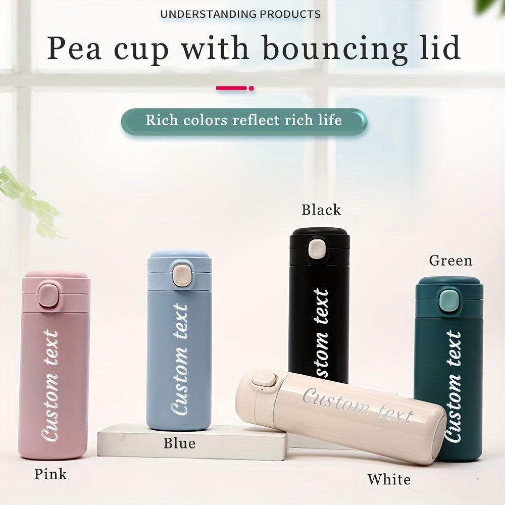 Maxsus lazer bilan o'yilgan matnli zanglamas po'latdan yasalgan suv shishasi, o'lchamlari 7-320ml/11-420ml, qulay foydalanish uchun ko'tariladigan qopqoq, sport va sayohat uchun ideal.