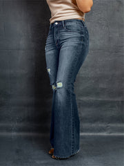 Women's Mid-Rise Stretch Denim Flare Jeans Blue Wash Frayed Bell Bottoms