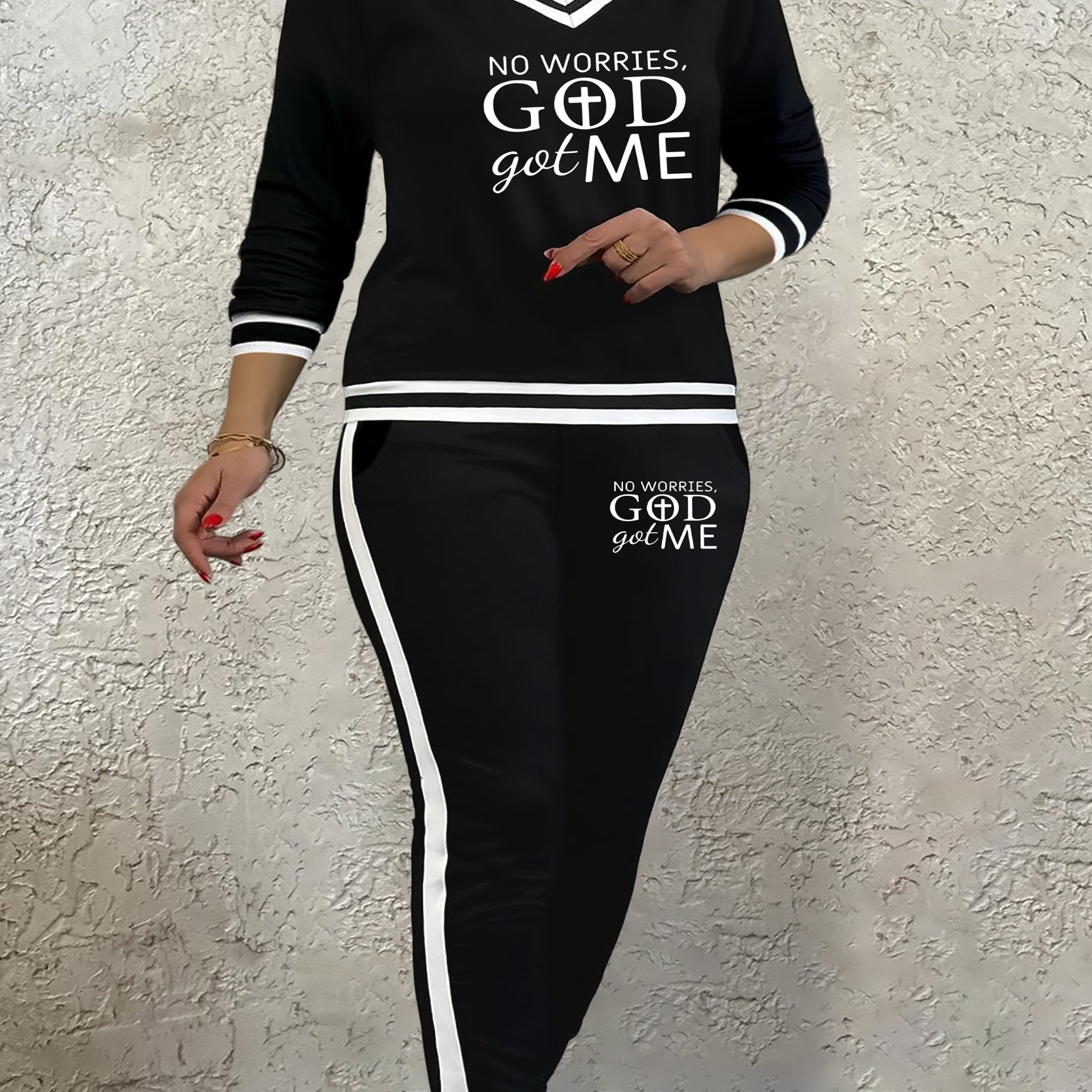 Women's Plus Size Casual Loungewear Set V-Neck Top and Sweatpants with Pockets