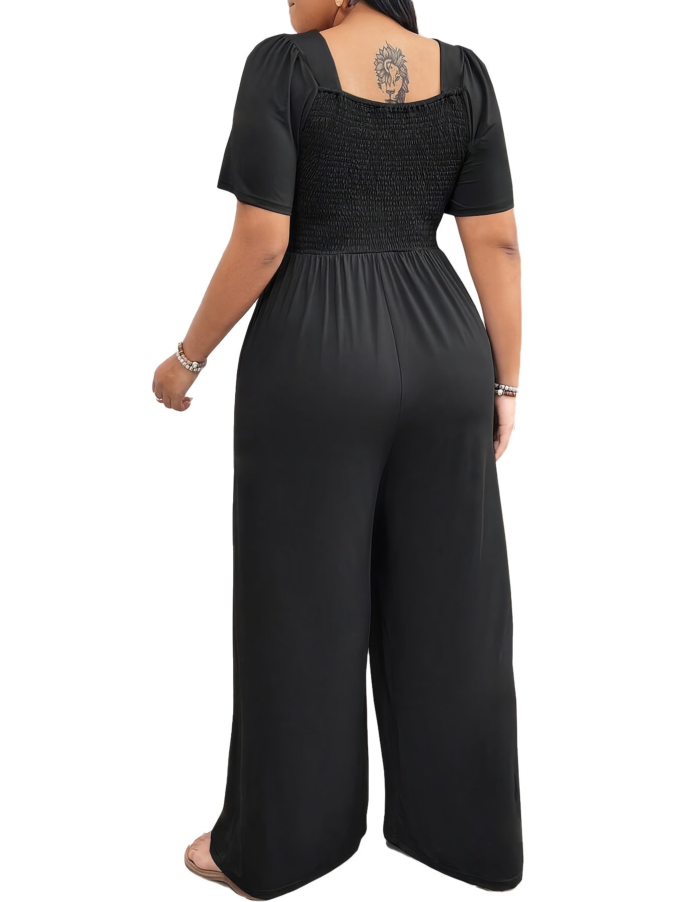 Plus Size Women's Black Square Neck Jumpsuit with Smocked Waist