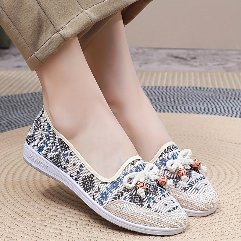Zapatos planos de verano para mujer, zapatillas transpirables sin cordones, azul y blanco, floral étnico