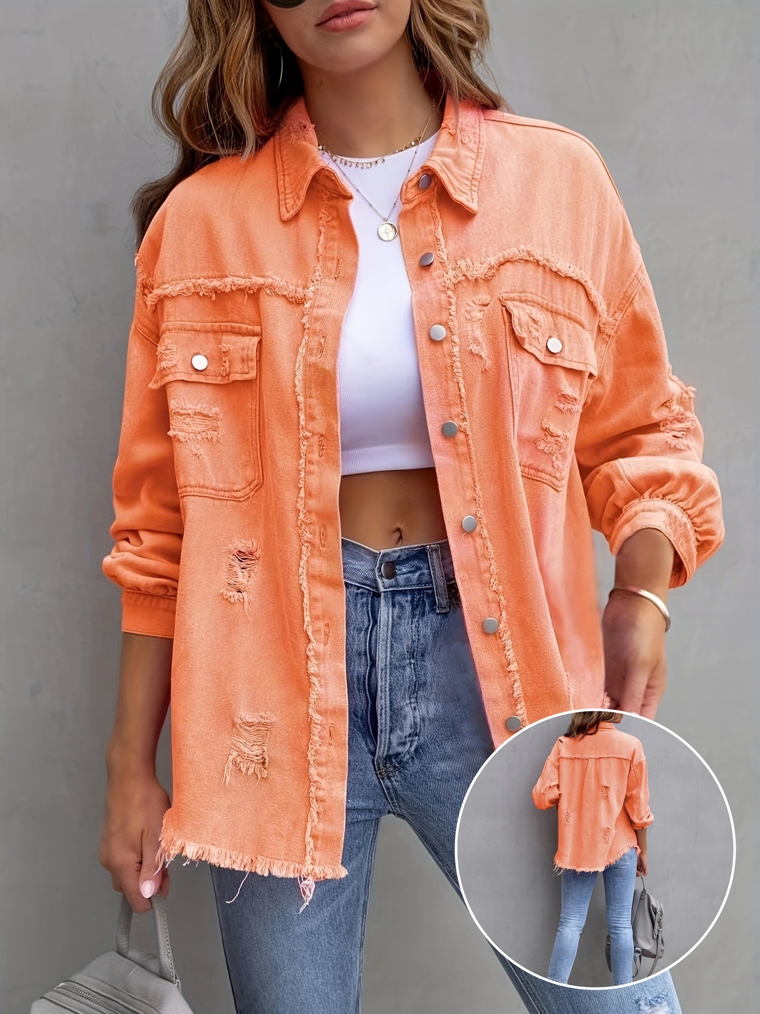 Chaqueta de mezclilla para mujer de tallas grandes con roturas, con botones, manga larga, casual, azul