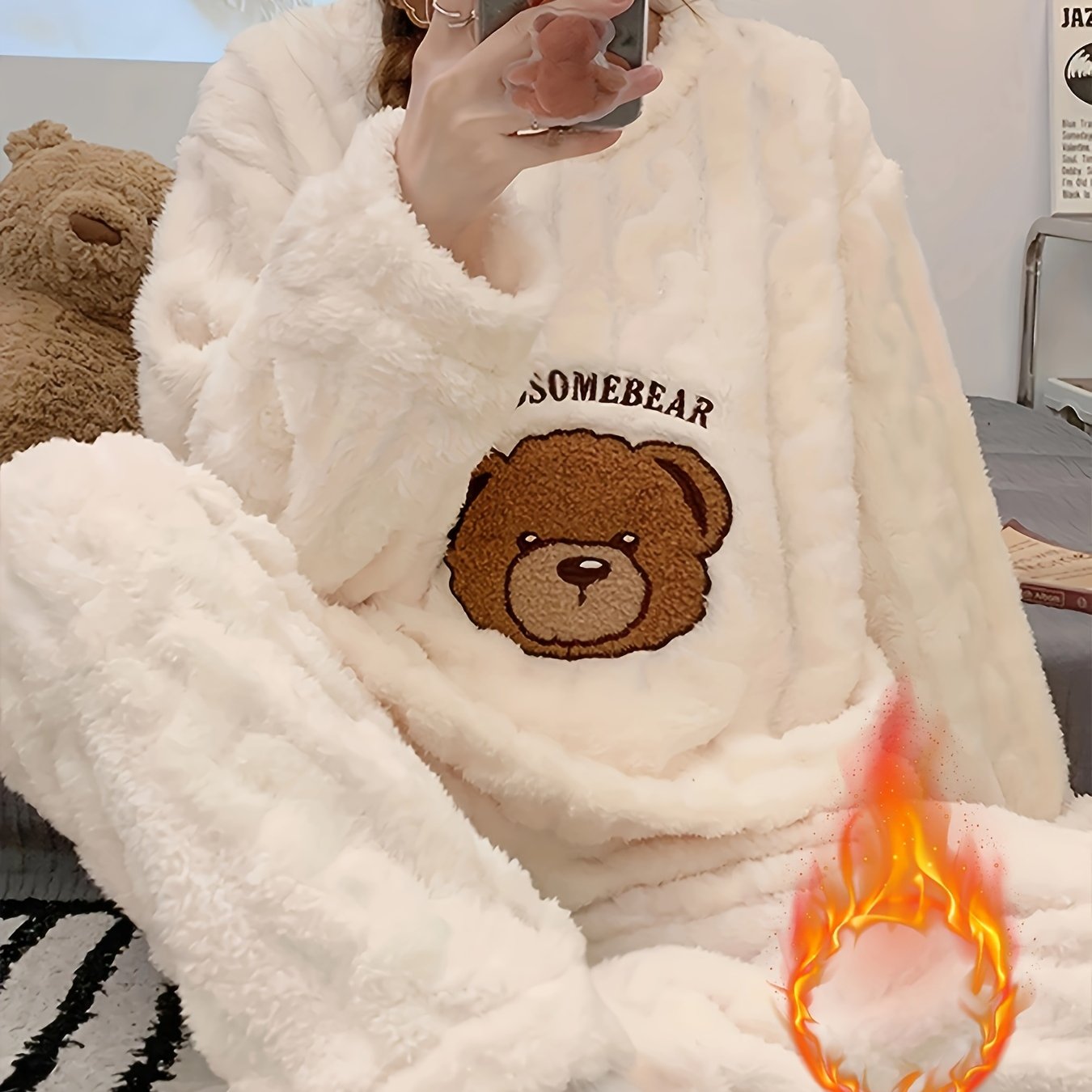 Пижама из фланели для женщин больших размеров с вышивкой медведя, длинный рукав, зимняя одежда для сна