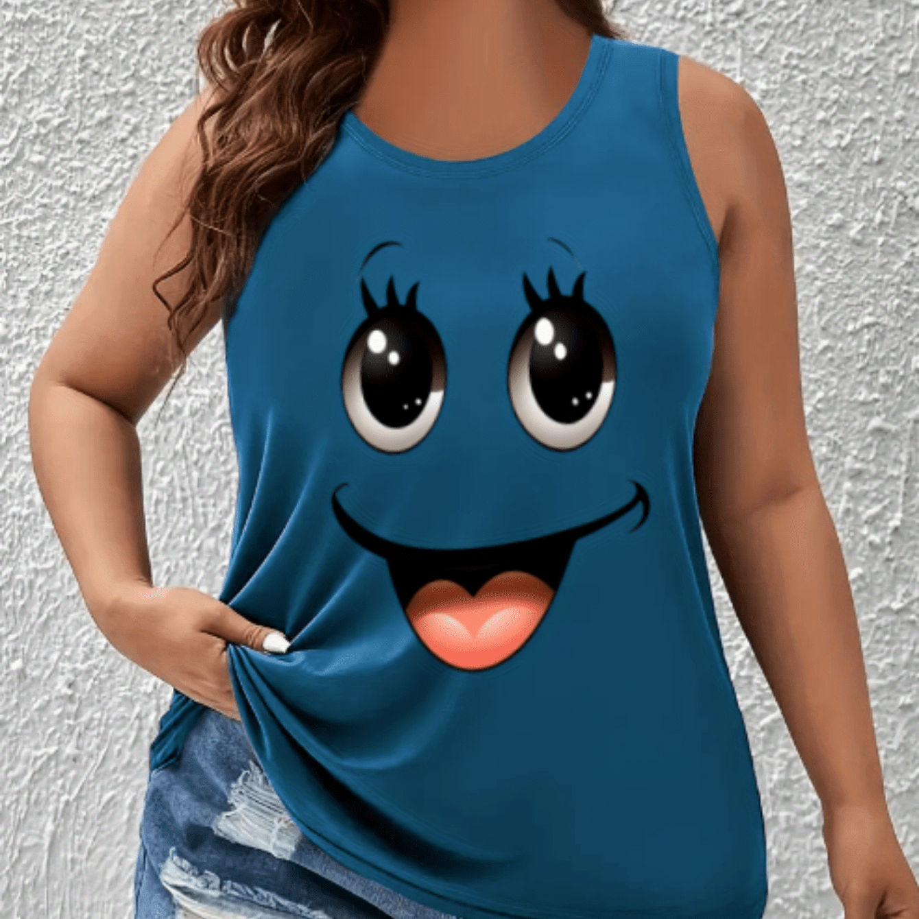 Plus Size Women Cotton Tank Top Cartoon Face Print Sleeveless Casual Summer Clothing