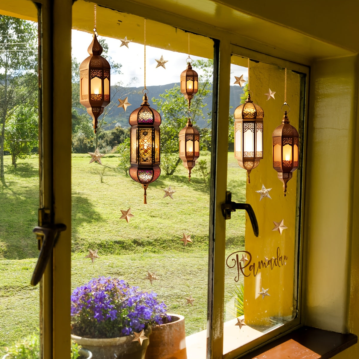 Ramadan Vintage Lantern Moon Stars Window Decal 30x30cm Reusable Glass Sticker