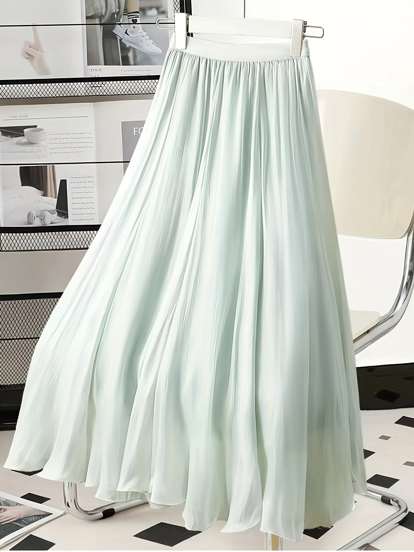 Women's Solid Color Midi A-Line Skirt with Elastic Waist for Summer