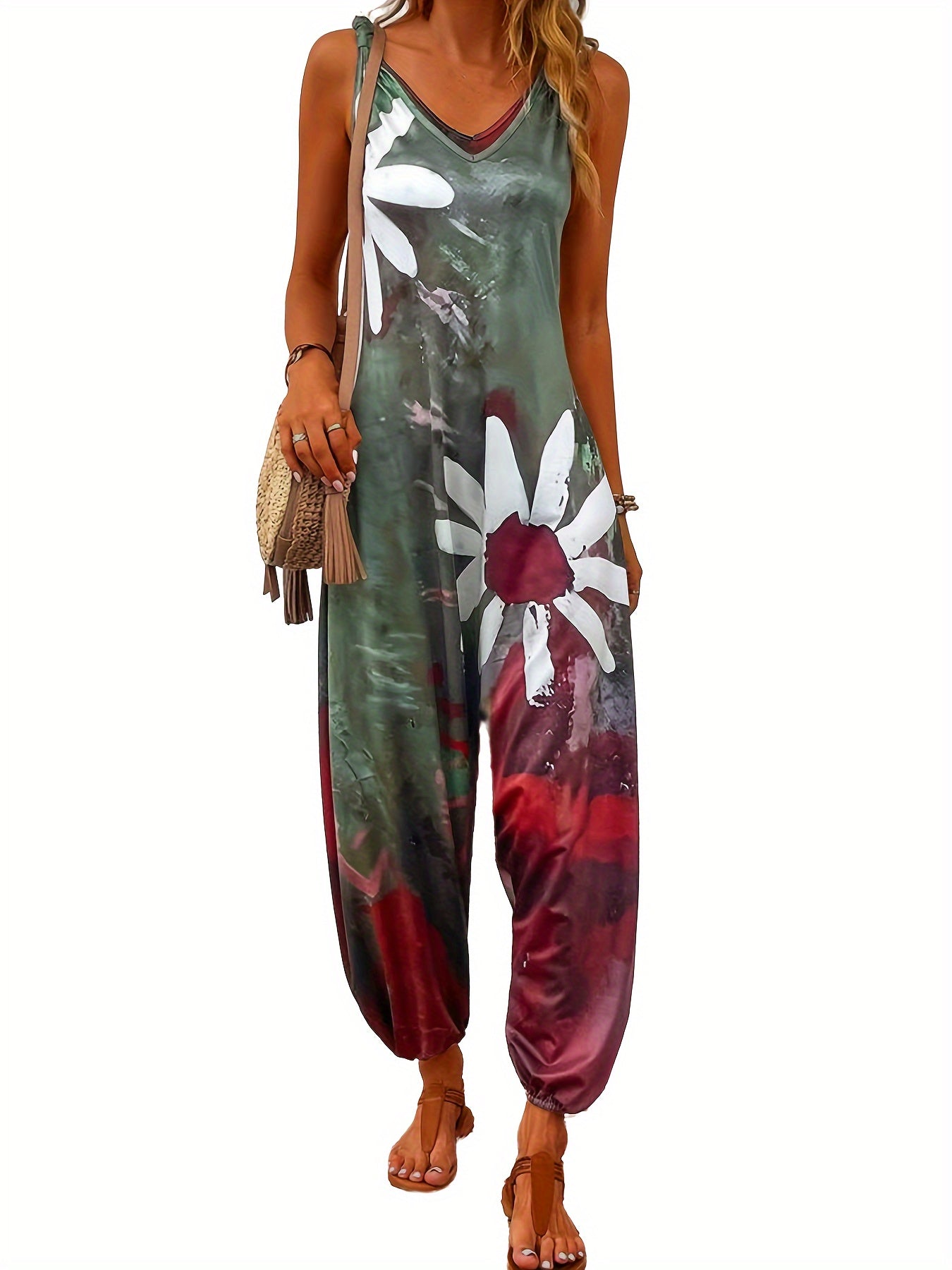 Plus Size Casual Floral Print V-Neck Jumpsuit for Women