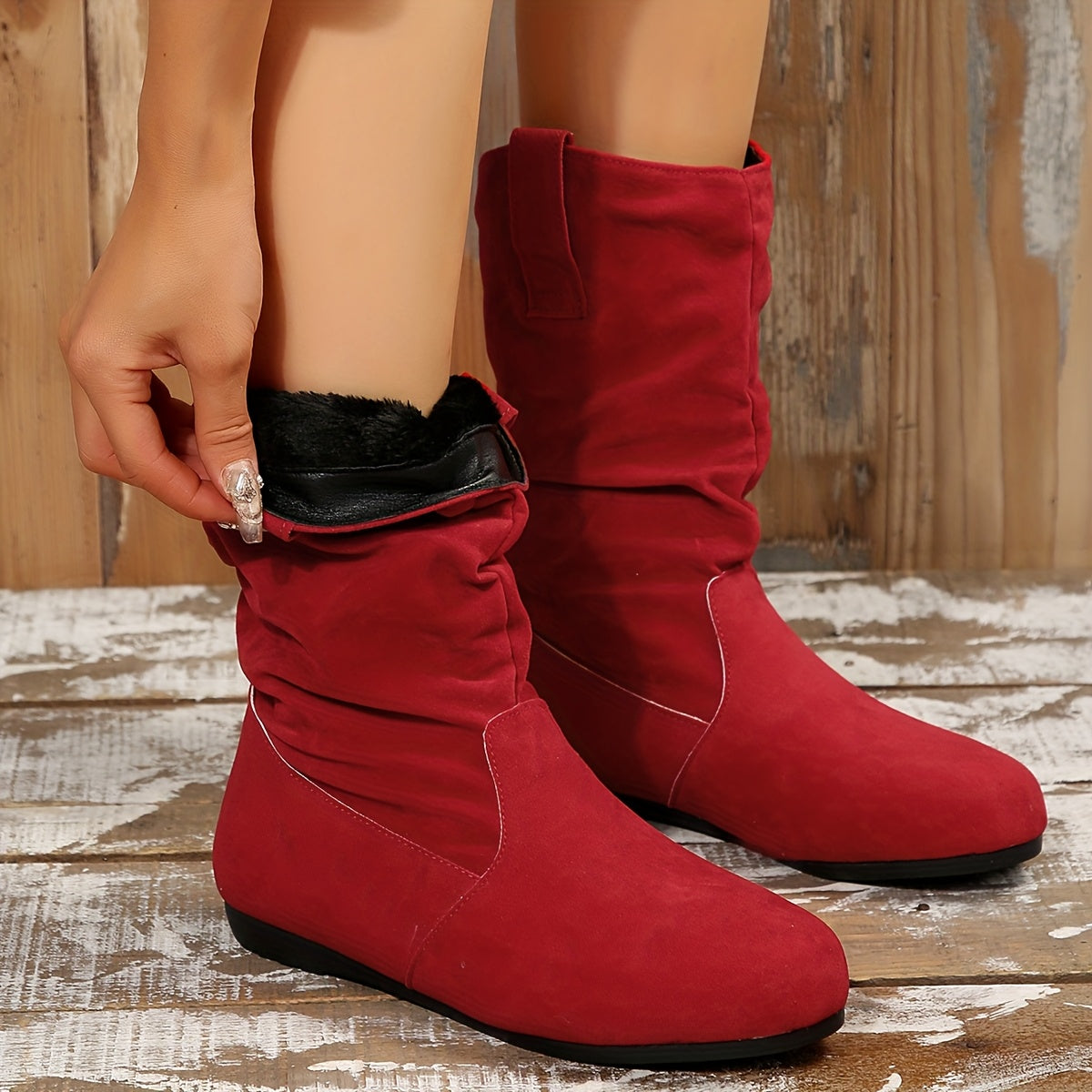Women's Slim-Fit Mid-Calf Boots Fabric Slip-On Round Toe Winter Shoes
