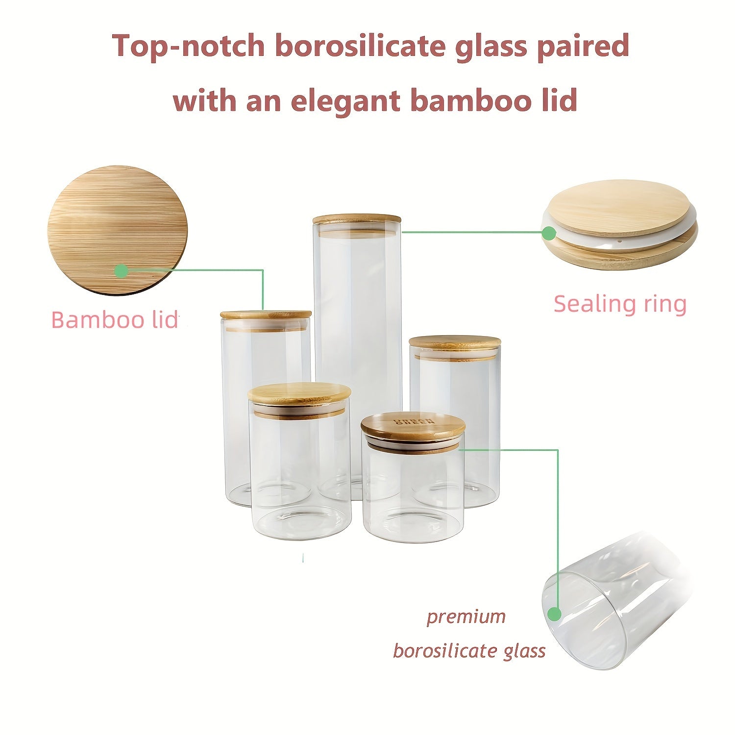 Set of 5 Glass Food Storage Jars with Bamboo Lids, Airtight, Large Capacity