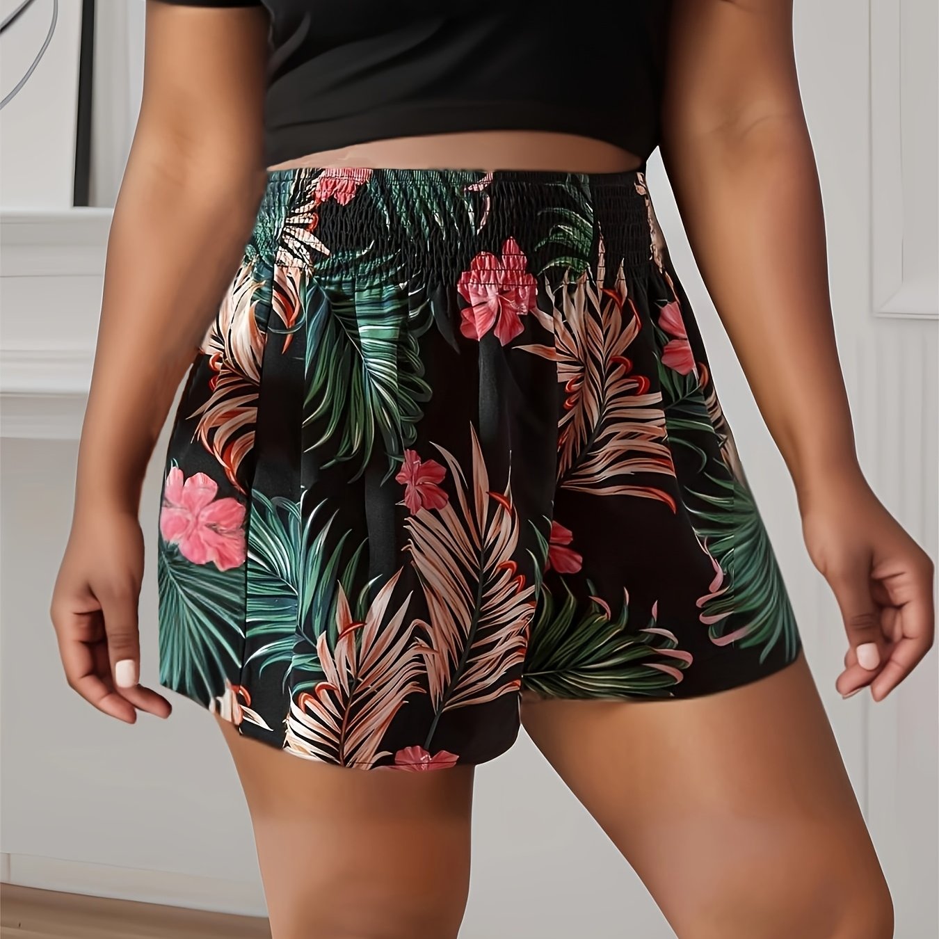 Pantalones cortos de playa de pierna ancha para mujer, transpirables, talla grande, con estampado floral tropical