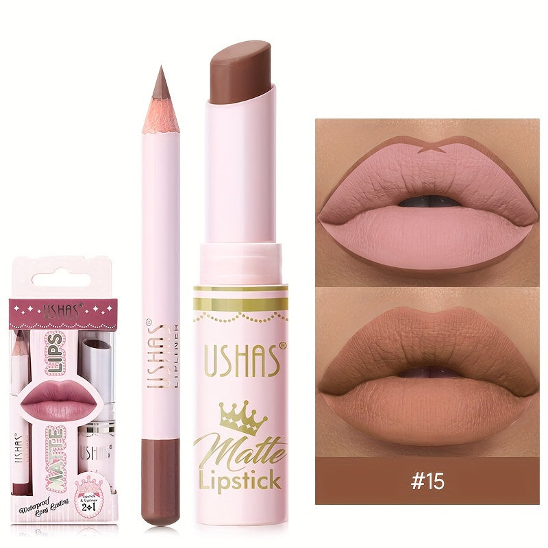 Set de lápiz labial mate y perfilador de labios para mujer, a prueba de agua, tono nude, con alto pigmento