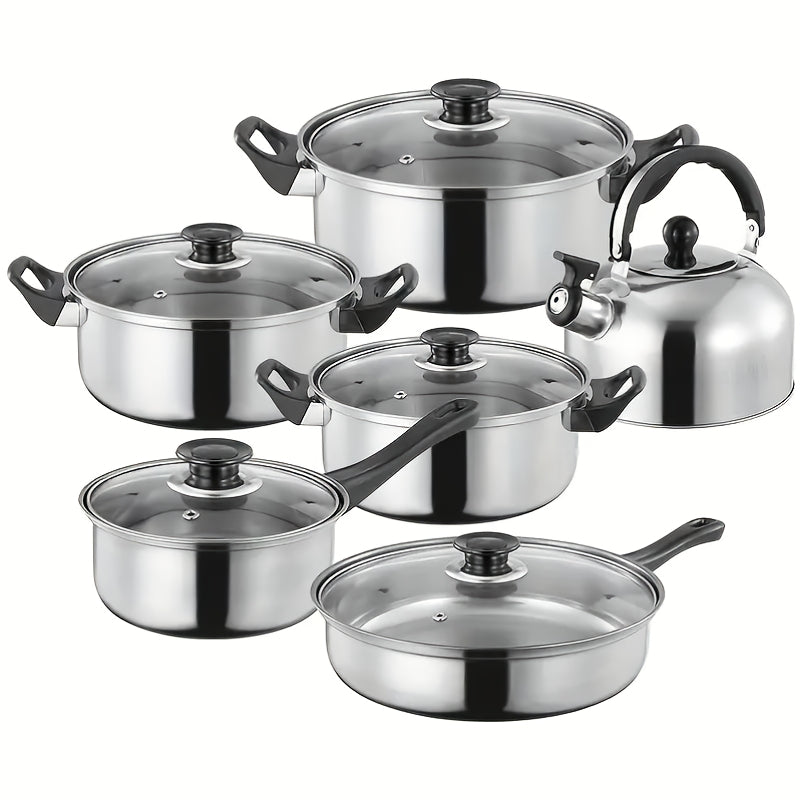 12-Piece Stainless Steel Cookware Set with Black Handles Non-Electric Kitchen Essential