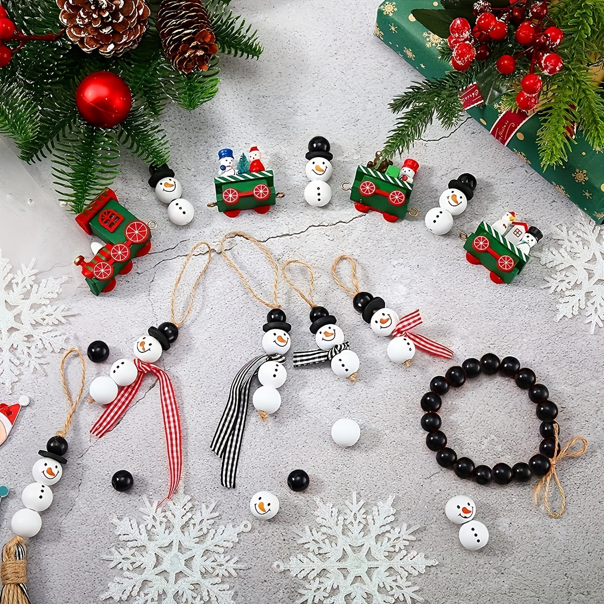 Wooden Bead Craft Kit for DIY Jewelry Making Includes Snowman Beads and String