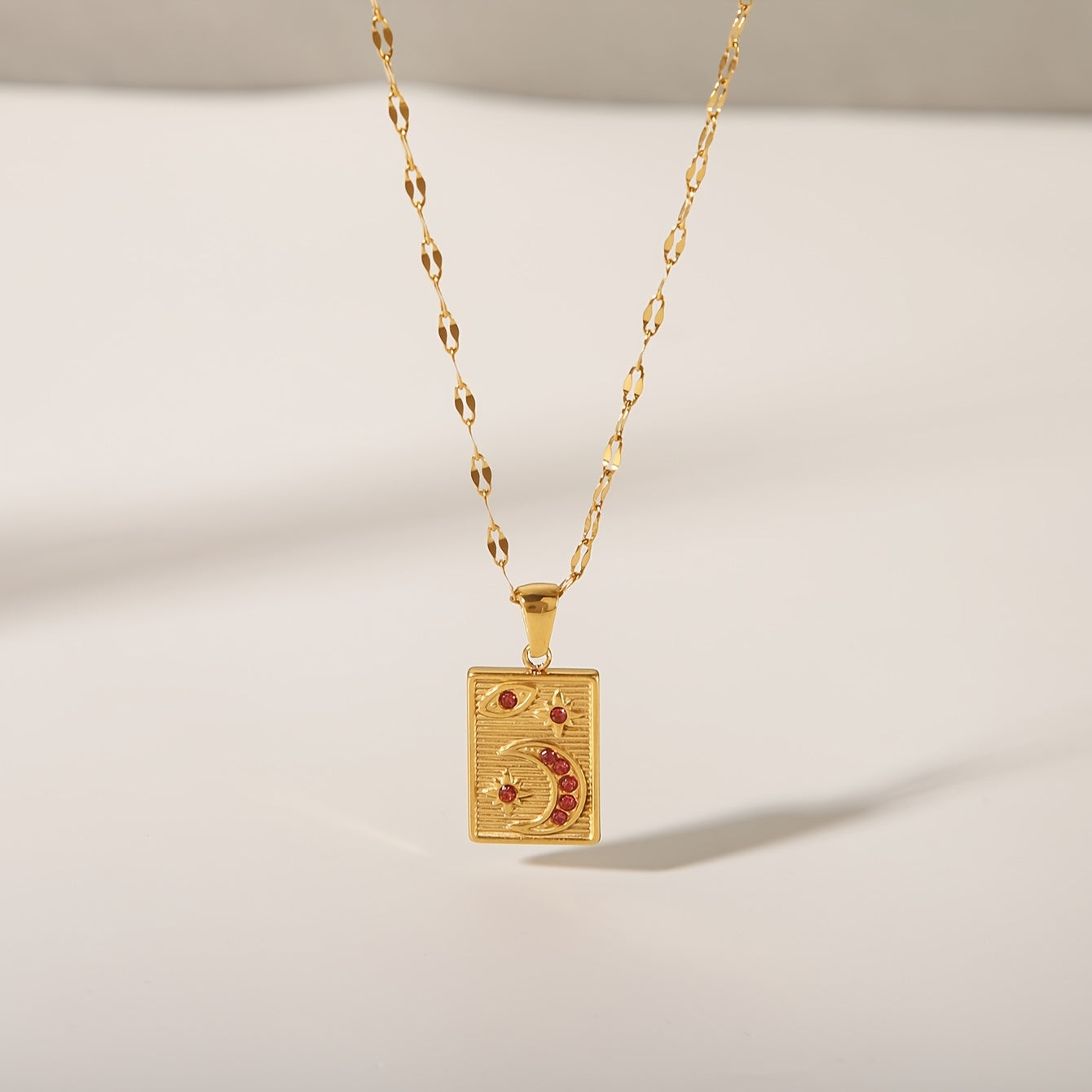 Gold Plated Stainless Steel Pendant Necklace with Geometric Rectangle and Crescent Moon Red Zirconia for Women