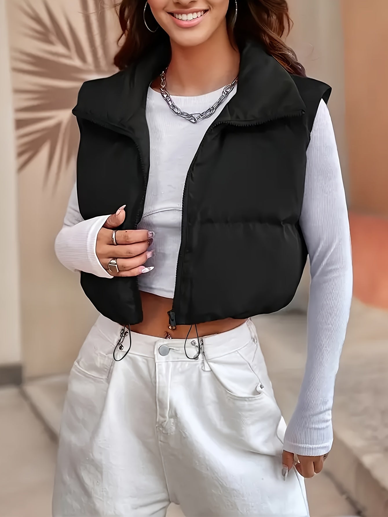 Women's Padded Vest with High Neck Drawstring Solid Polyester for Fall Winter