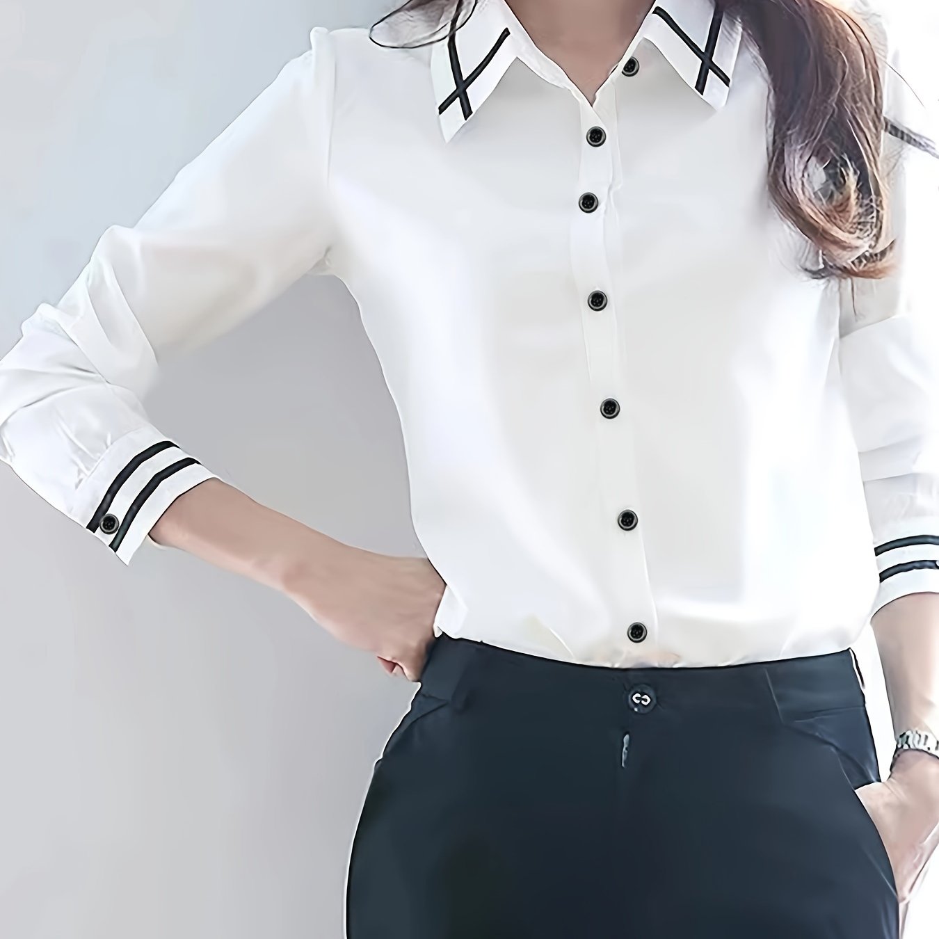 Adult Long Sleeve Color Block Polyester Shirting with Lapel Collar