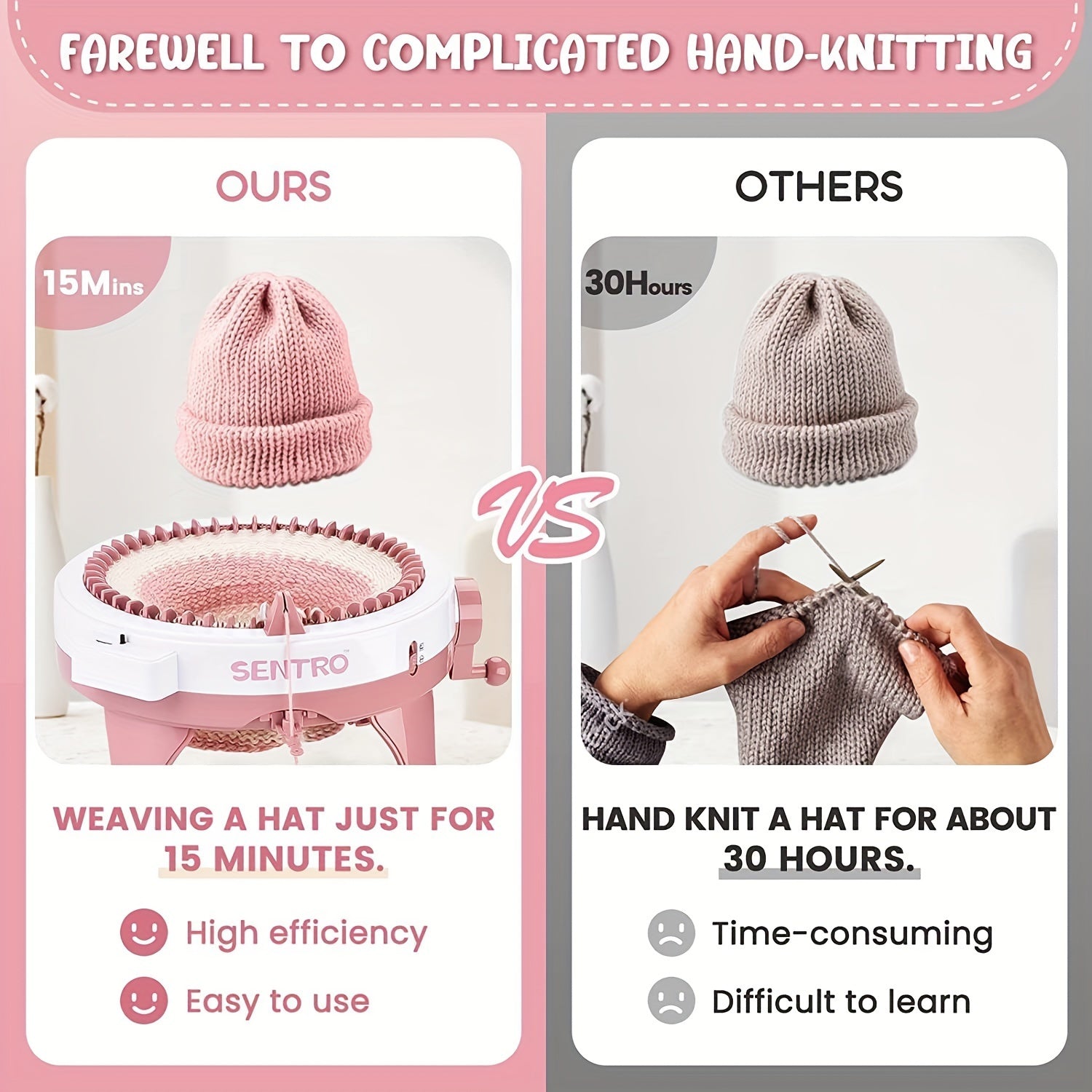 Yoshlar va boshlovchilar uchun 48 ignli to'qish mashinasi to'plami, turadigan joy bilan, pushti