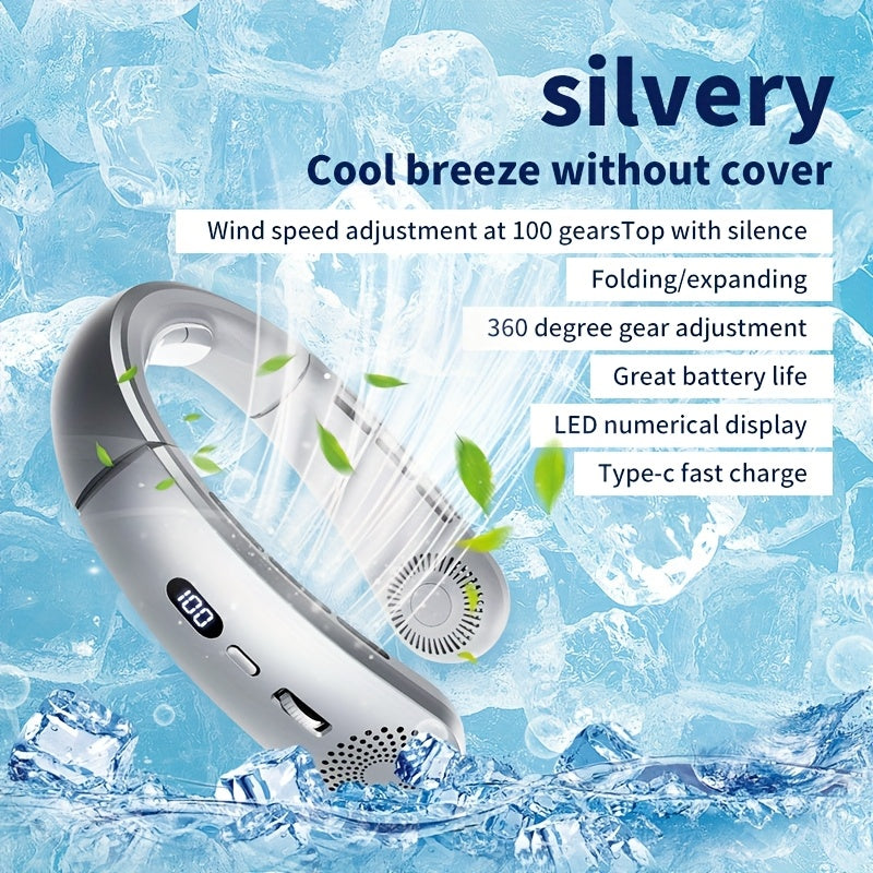 Portable USB Fan with LED Display Handheld Neck Hanging 10-Speed Rechargeable Battery for Travel Outdoor Beach