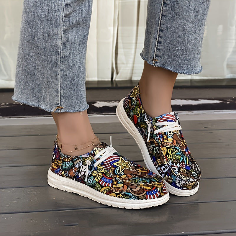 Women's Canvas Slip-On Sneakers with Floral Print and Cartoon Design