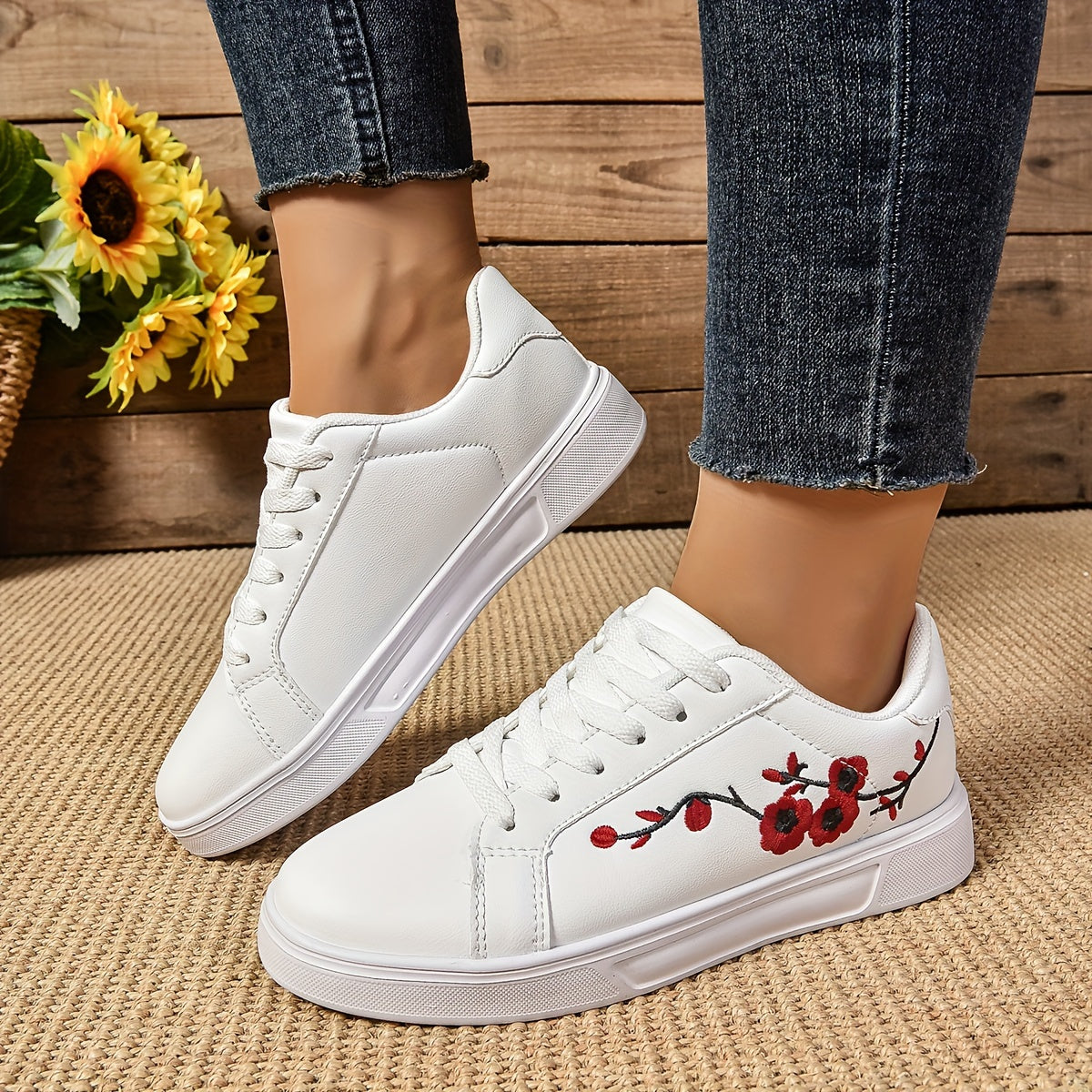 Zapatillas femeninas con bordado floral, ligeras, para todas las estaciones, de caña baja