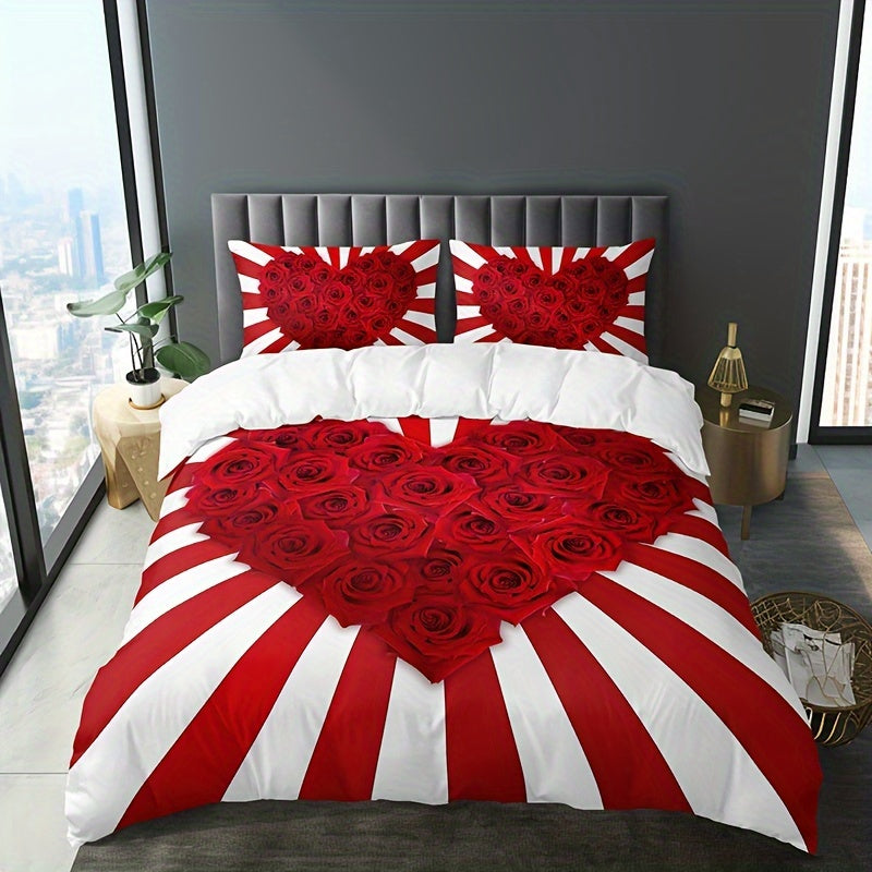 Red and White Rose Floral Print Bedding Set 3 Pieces Duvet Cover and Pillowcases