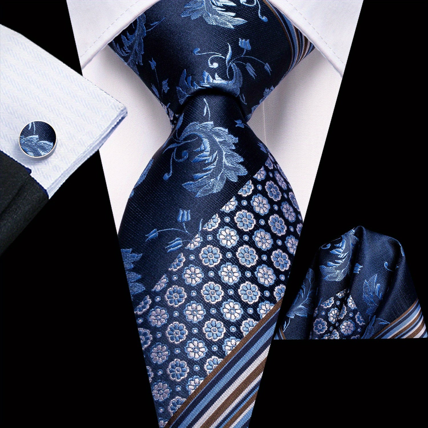 Men's Classic Necktie Set 160cm with Matching Hanky and Cufflinks for Business and Formal Events