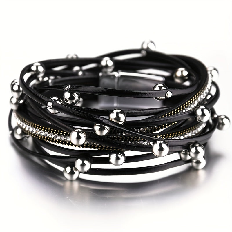 Multi-Layer Faux Leather Bracelet for Men Women Double Wrap Rhinestones Gift
