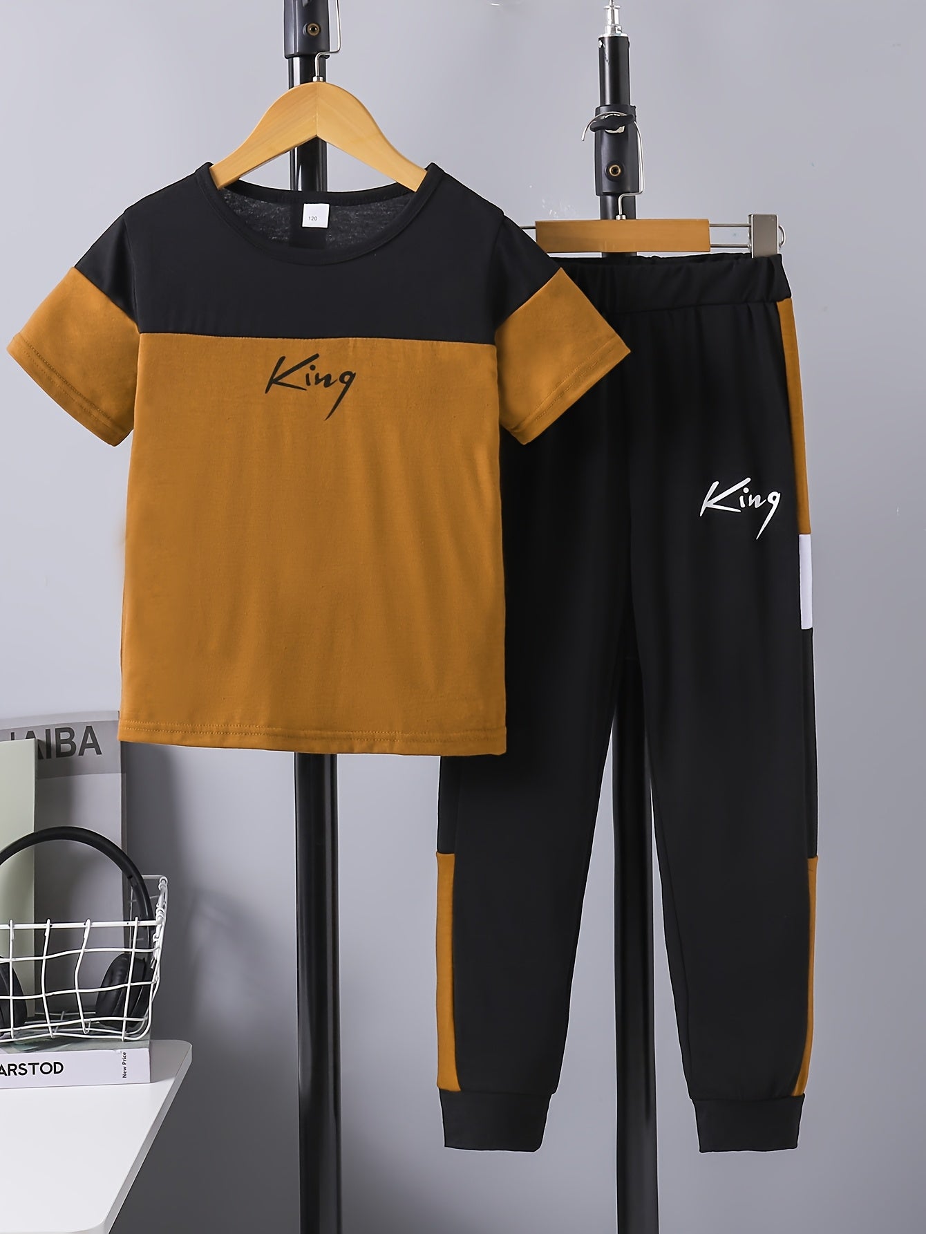Boy's Summer Casual Co-ord Set with Color Block Tee and Jogger Pants Size 12