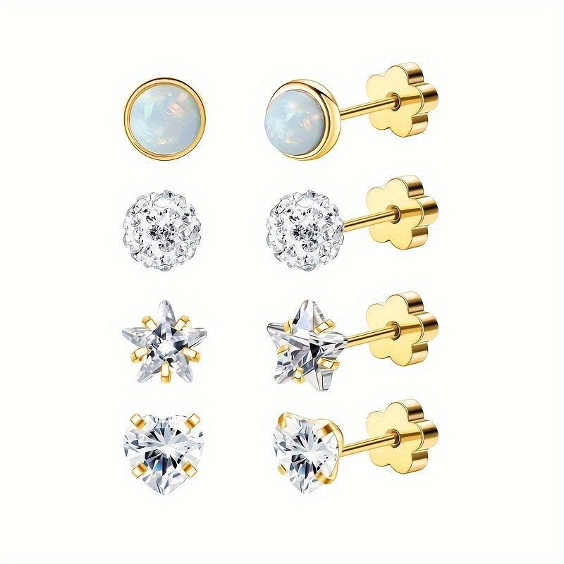 Hypoallergenic Flat Back Earrings for Women Men Girls Star Heart Protein Stone Silver Pink AB