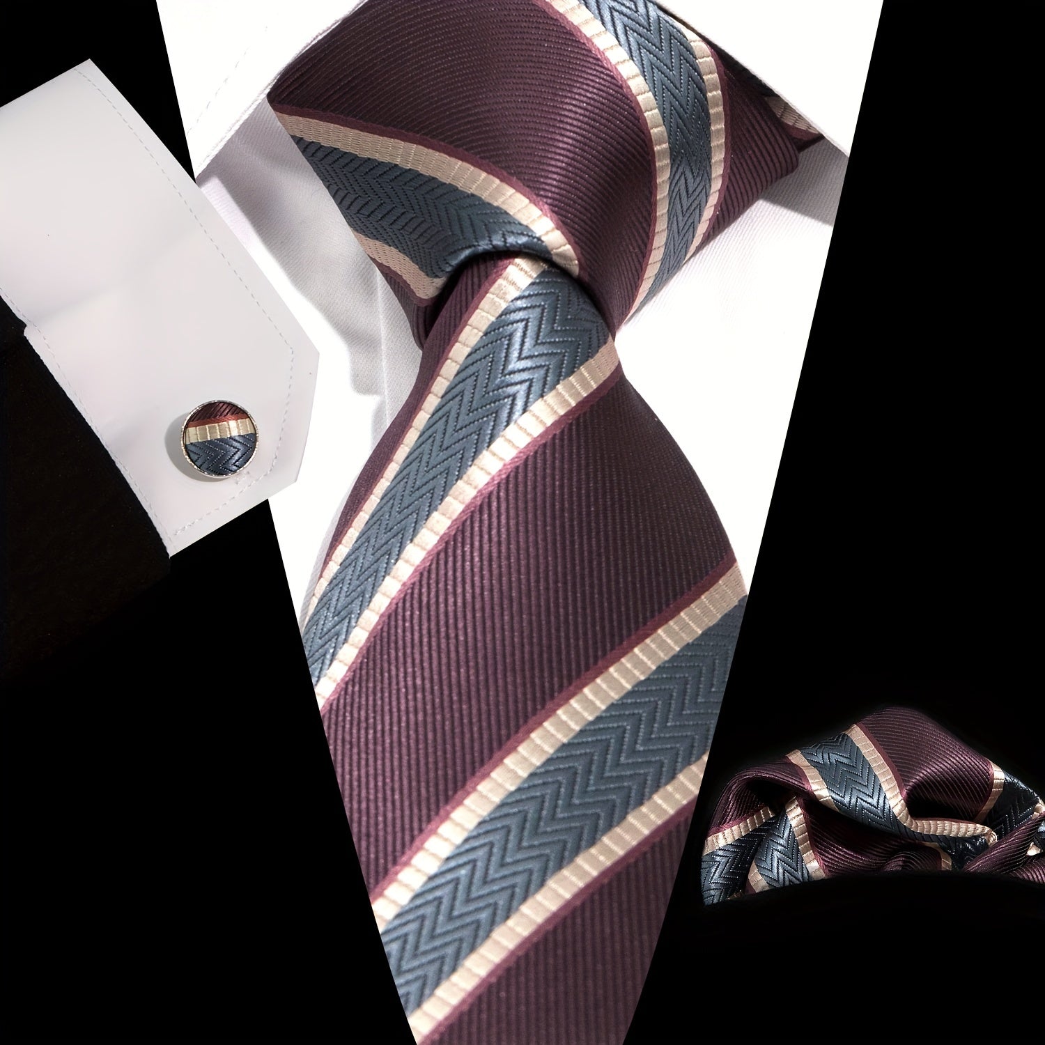 Men's Formal Accessories Set Necktie Pocket Square Cufflinks for Weddings and Business