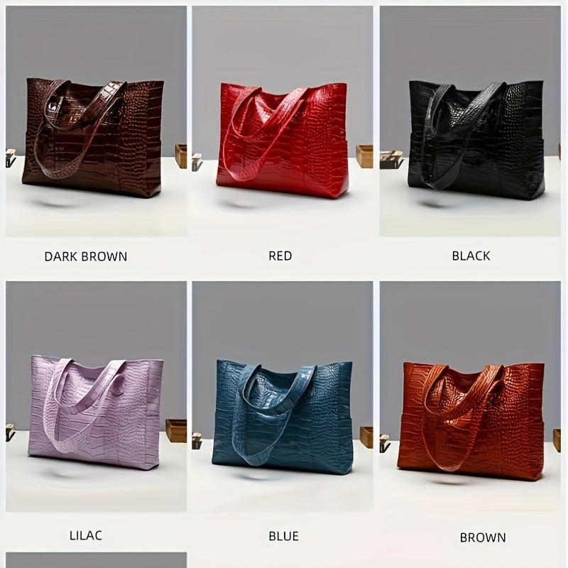 Blue Crocodile-Embossed PU Tote Bag with Zipper Closure for Women