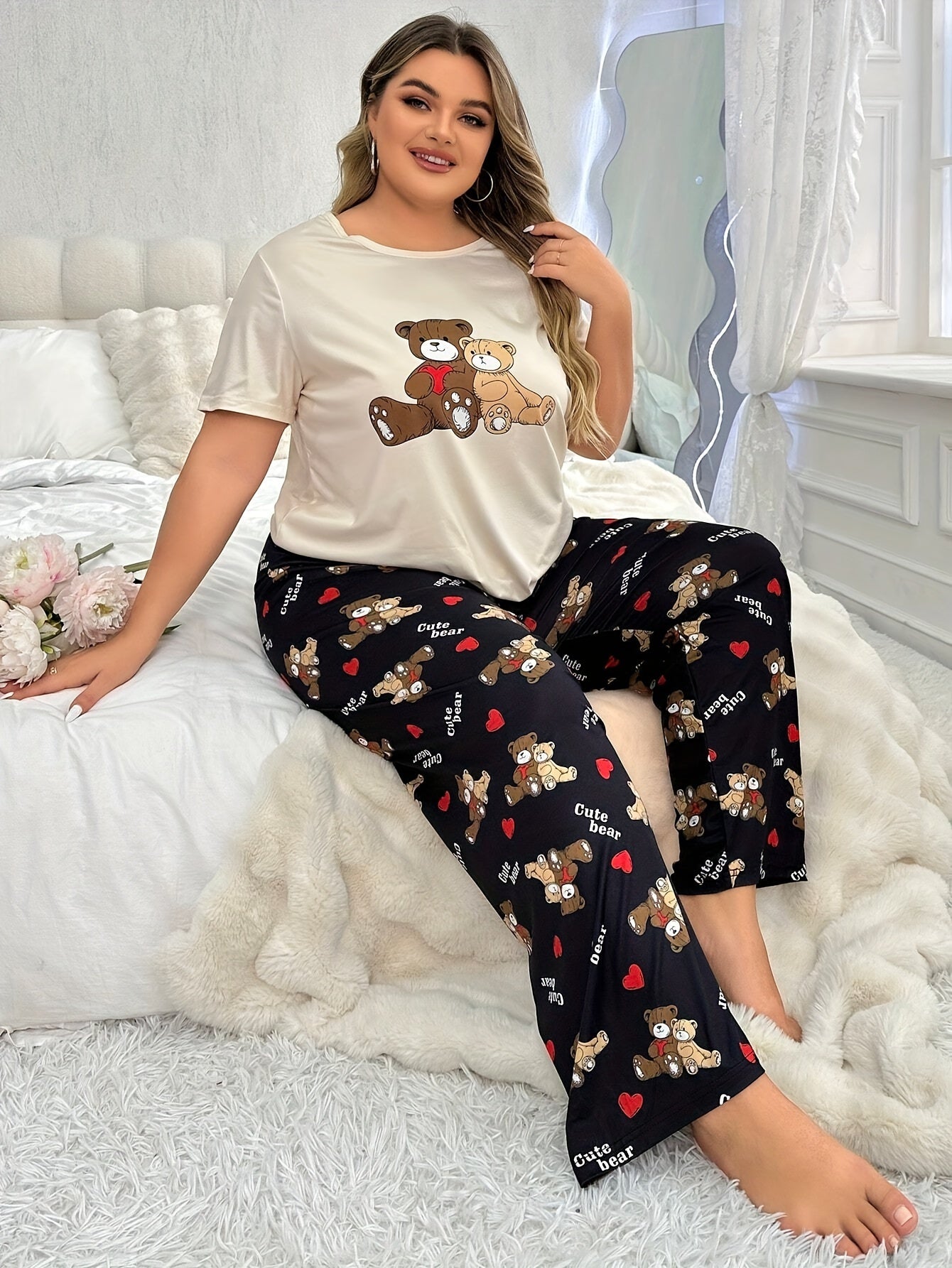 Adult Pajama Set with Double Teddy Bears, Polyester Knit, Casual Style