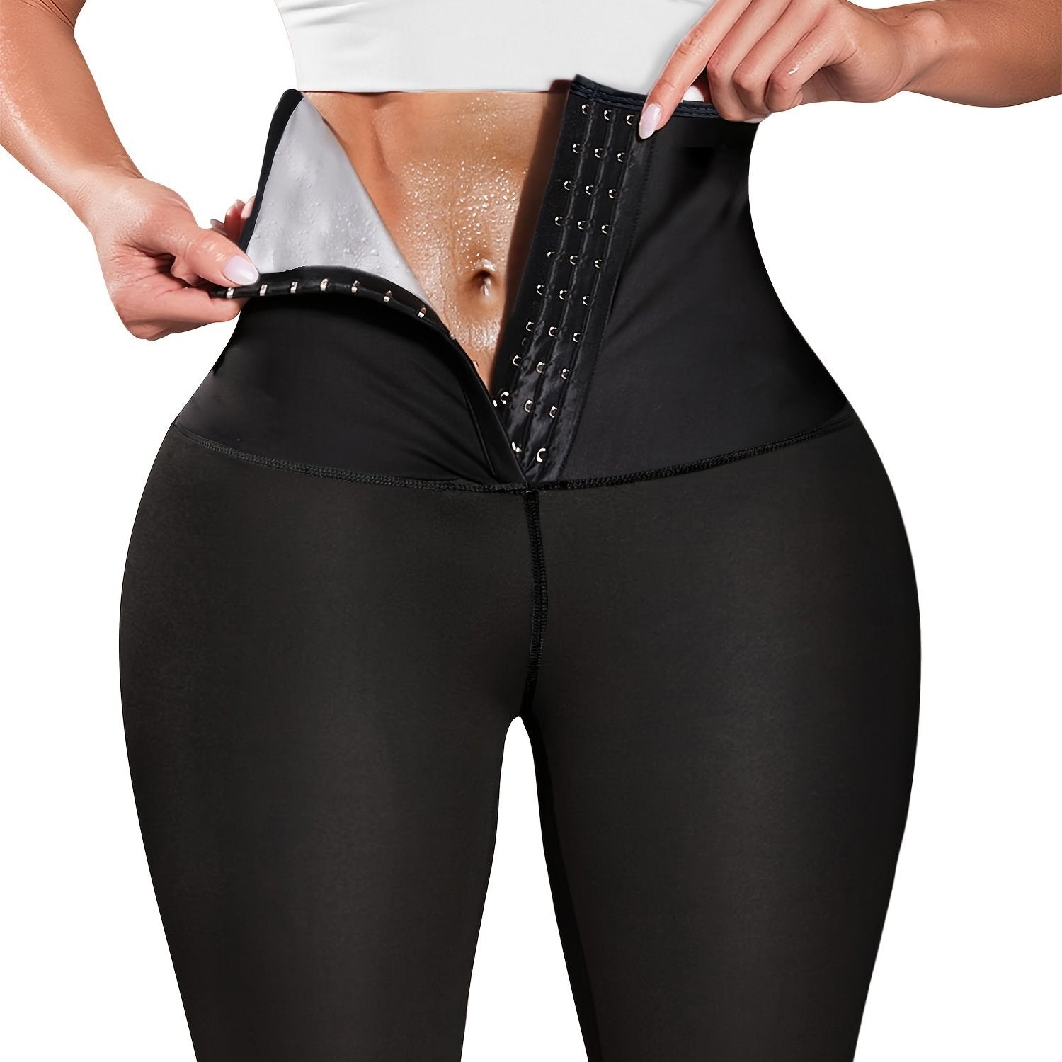 Women's High-Waisted Sauna Sweat Shorts Tummy Control Slimming Workout Leggings Black Polyester Elastane