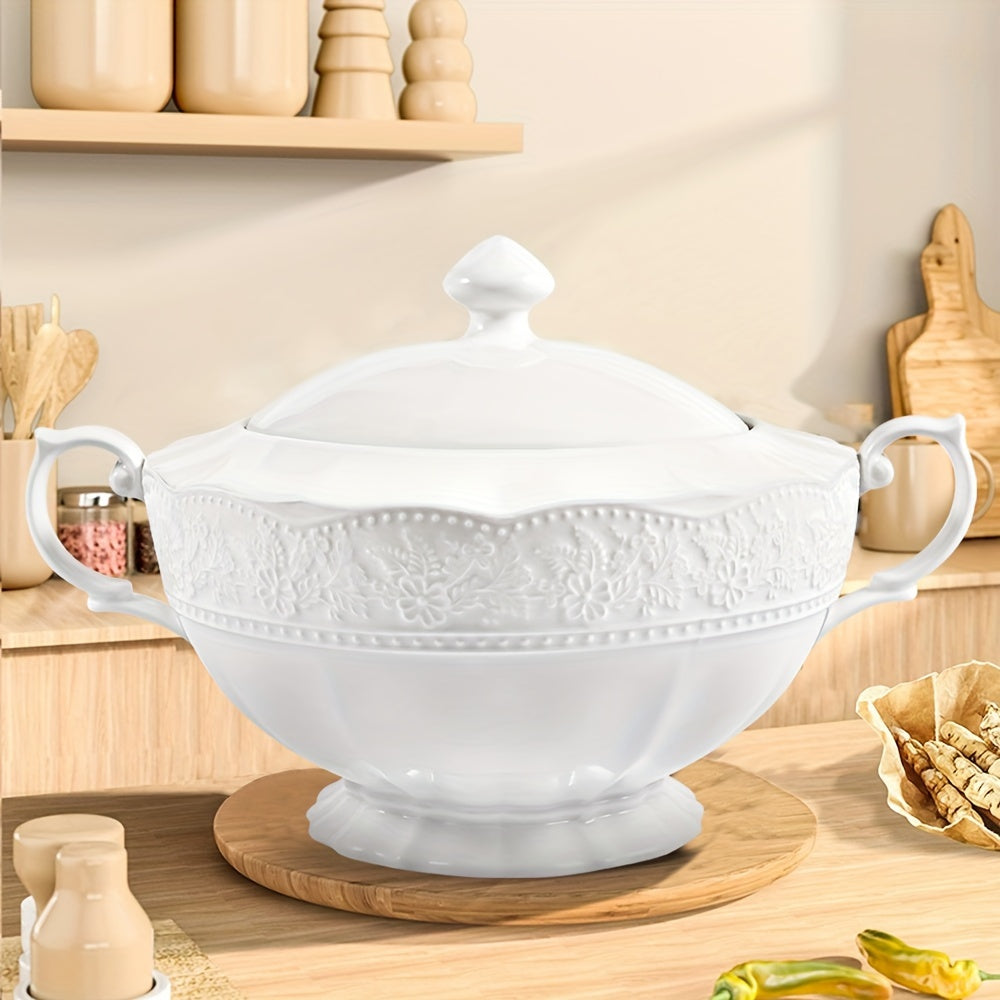 White Ceramic Soup Tureen with Lid and Handle for Home and Restaurant Use