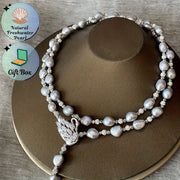 Freshwater Pearl Y-Necklace with Swan Clasp Silver Gray for Fall Winter Gift