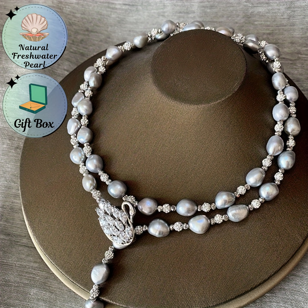 Freshwater Pearl Y-Necklace with Swan Clasp Silver Gray for Fall Winter Gift