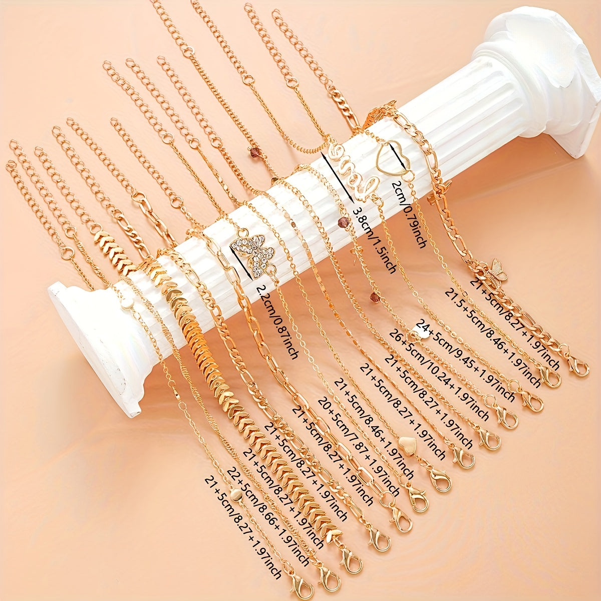 13-Piece Gold-Tone Anklet Set with Butterfly and Love Charms Adjustable Foot Jewelry for Women