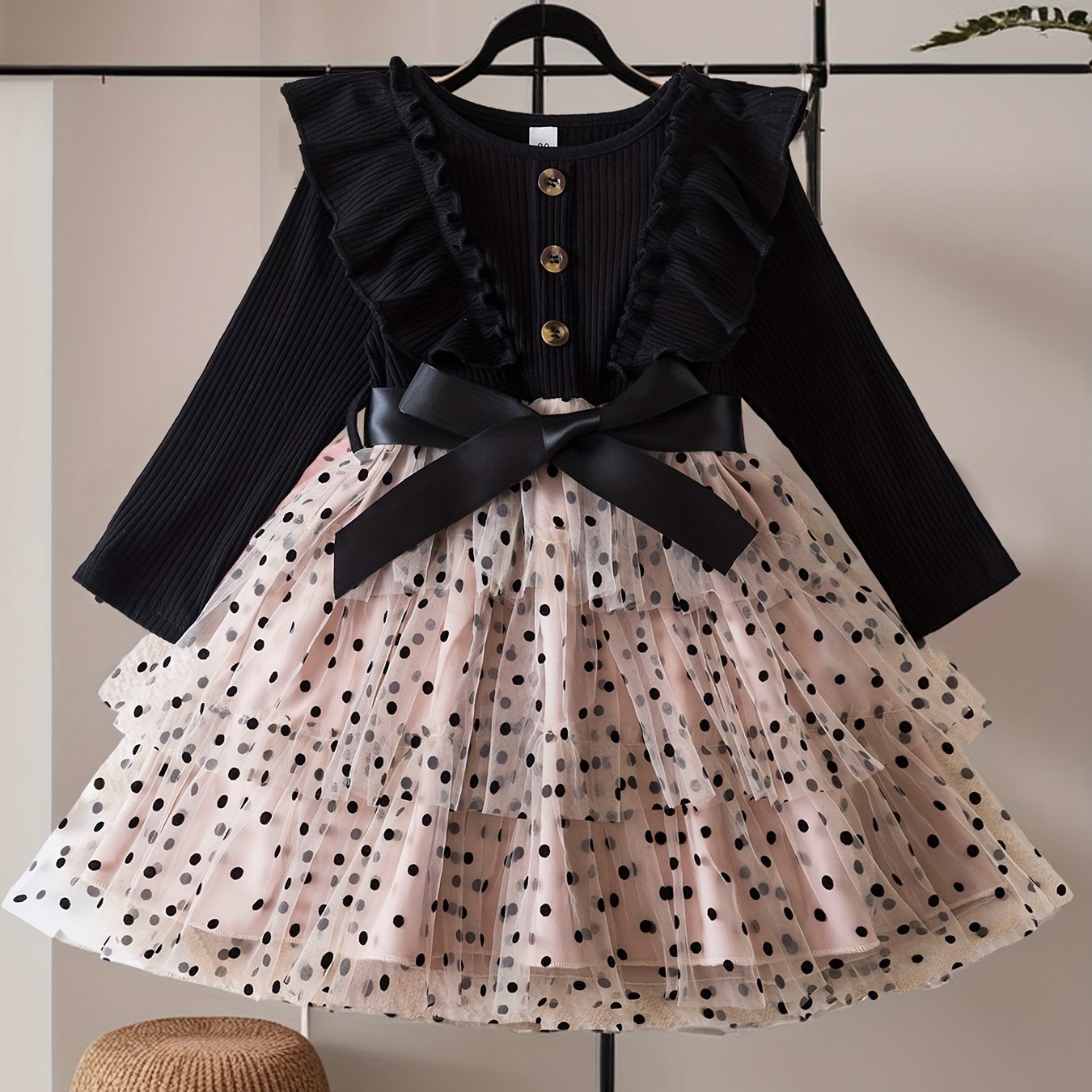 Girls Polka Dot Princess Dress with Mesh Layered Tutu for Fall Winter